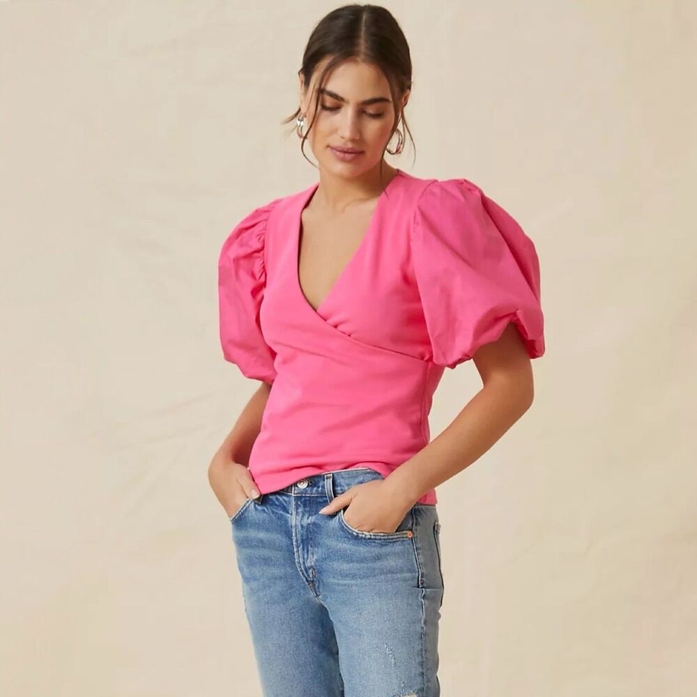 Anthro Maeve Barbie Pink Puff-Sleeve Wrap Top
